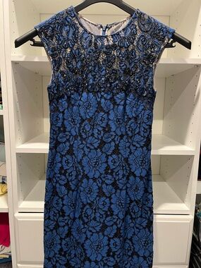 Carmen Marc Valvo Blue and Black Sleeveless Beaded Lace Floor Length Dress